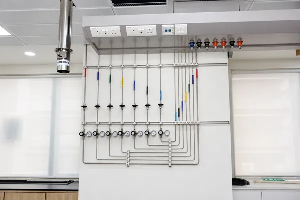 Laboratory gas supply line system with stainless tubing and gauges